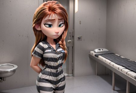 modisn disney, Pixar, long shot, (1girl Anna frowning sad wearing Black_White_Striped_Jumpsuit short sleeve top long straight hair), MAXSEC_STYLE_CELL, cell_interior_shot, ((cell_door_v2)), cell_desk, steel_toilet, single_bed