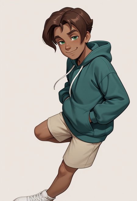 masterpiece, absurdres, high quality, perfect anatomy, 1boy, solo, cute boy, male focus, Presley, Dark Skin, Brown Hair, Green Eyes, green hoodie jacket, oversized hoodie, shorts, smug smile, cinematic, intricately detailed illustration, depth of field, masterpiece, best quality, amazing quality, very aesthetic, absurdres, newest, very awa,  shadow, dynamic angle, casual cosplay, dynamic pose, simple background,