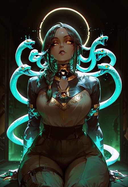 Rating_sfw, mature woman,dynamic hands hacking pose, cyberwear, cyberpunk, humanoid , cybernetic enhancement, serpent themed , oversized clothes, cargo pants, dark clear skin, Egyptian themed lap, ((cute face)), innocent face, pretty face, eyes, detailed eyes, long eyelashes, eyeliner, gorgon,glitching hair, ,(( single braid )) (ar-glitch holographic Snake hair, snake, snake_hair,)) , , eyes, glowing snake, charismatic, curvy, aesthetic, ((perfectly robotic hair, snake hair)), thick lips, full lips, skinny, (slim build), small waist, big breasts,, beautiful detailed face, small face, beautifully complex colored iris, ), enchanting, looking at the viewer,