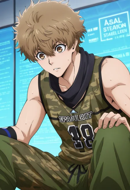 masterpiece, best quality, intricate details, anime screencap, anime coloring, official style, , 1boy, solo, male focus, <lora:asahi_naruhaya_ilxl:0.94>, asahi_naruhaya, brown hair, brown eyes, short hair, hair between eyes, bangs, sportswear, crystal laboratory, gem stations, light prisms, research areas, experimenting pose, analytical expression, prismatic light, Cargo pants with zip-off legs, Corduroy Camouflage SageGreen Sleeveless basketball jersey, Espadrilles, , Face Scarf (Neck Gaiter)