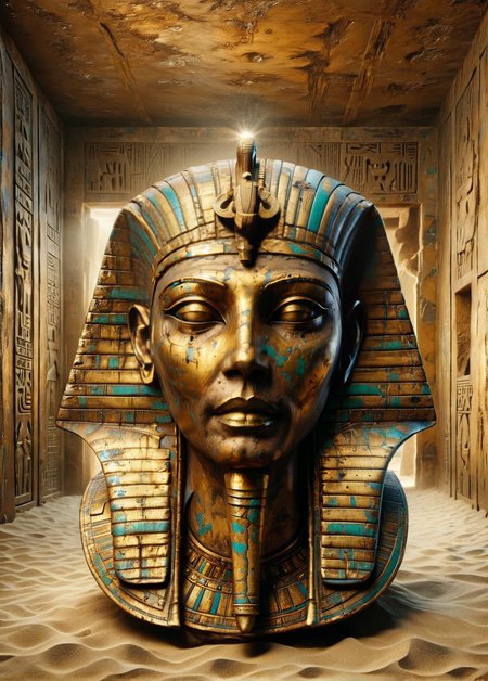 An ais-trnshd pharaoh's mask gleaming with gold and weathered with age, in sand covered room <lora:ais-trnshd-sdxl:1>