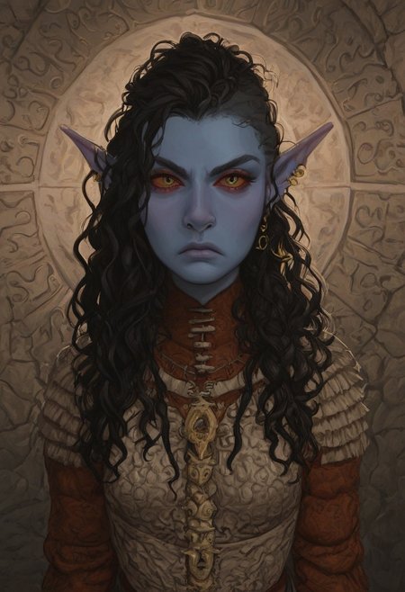 solo, short pointy ears, piercings, random elf face, aquiline features, female dark elf, brow rings, nose rings, beaded piercings, weathered skin, large nose, insect chitin armor, insect chitin helmet, insect chitin ornaments, stylized insect pattern, athletic build,  animated realism, zoomed out, Syrian features, torso, brass pipes and gears, intricate architecture, dwarven masonry, dwemer fixtures, white-green light, gloomy lighting, ancient ruins, interior, stone tiled floor, grey-blue skin, mahogany and ivory clothes, medium armor, bone plate armor, ivory straps and fittings, alien bone ornaments, grey wood neckguard, red sclera, black pupils, blue-green light, neon, highly detailed, defined features, looking at viewer, three quarters view, from above, dynamic lighting, 19 years old, light and shadows, patterned cloth, annoyed expression, expressive eyes, detailed medieval clothes, medium_breasts, very long hair, wavy hair, thick hair, beaded hair, braided hair, under cut hair, semirealistic, alien elf, spanish features, jewish features, black hair, dark red hair, umber skin, sharp features, pastel green inuit print cloak, nighttime, high detail, absurdres, pretty eyes, detailed eyes, yellow eyes,