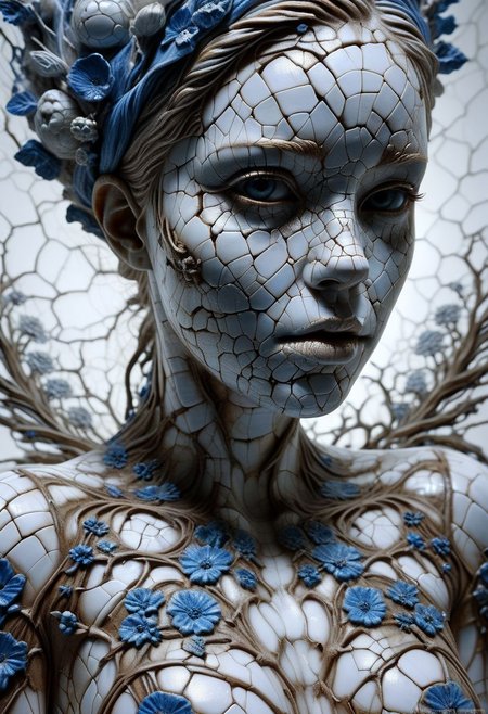 Close-up porcelain face, mysterious silhouette of a porcelain woman in worn down porcelain clothing, white and blue porcelain, alluring goddess, by Minjae Lee, Carne Griffiths, Emily Kell, Steve McCurry, Geoffroy Thoorens, Aaron Horkey, Jordan Grimmer, Greg Rutkowski, amazing depth, double exposure, surreal, geometric patterns, intricately detailed, bokeh,  perfect balanced, deep fine borders, artistic photorealism , smooth,  great masterwork by Suiras  <lora:add-detail-xl:2>  <lora:Double_Exposure:0.5>