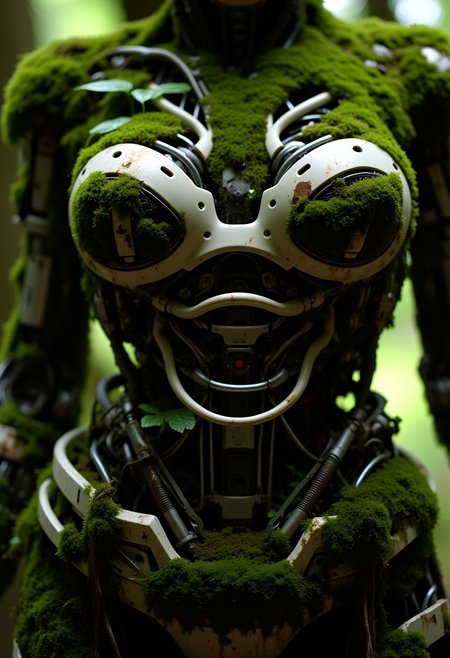 ajweathbo, an ancient overgrown geisha robot entity, intricate designed exposed sci-fi components, weathered surface, atmospheric lighting, lush forest backdrop, detailed Moss macro, White exoskeleton, Busty, Female, Cleavage,