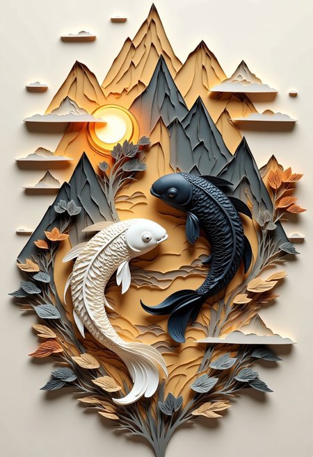 Paper quilling artwork: Yin-Yang koi fish
Core:
Two fish (white & black) climbing mountain
Symmetrical composition, embodying balance
koi fish
White (Yang): Sun-lit slope, muscular, alert
Black (Yin): Shadowy face, powerful, reflective
Detailed fur/stripes with paper strips
Mountain:
Towering peak, jagged terrain
Misty lower slopes, paper filigree clouds
Distant ranges in background
Subtle alpine flora details
Specs:
16K ultra-high resolution
Photorealistic paper sculpture style
Multi-layered for 3D depth
Archival paper, macro detailing
Dynamic lighting, soft shadows
Artistic focus:
Balance and duality symbolism
Intricate paper manipulation
Opposing yet connected forces
Museum-grade craftsmanship
Colors:
Earthy tones
Contrasting light/shadow
Natural gradients
Capture interconnected energies through meticulous paper art.