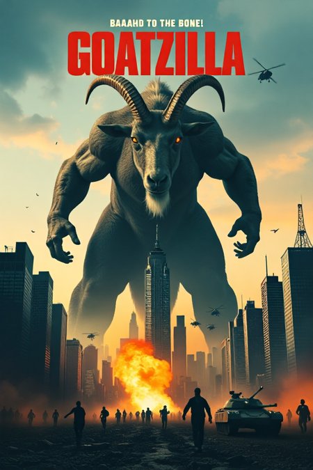 mvpstr. Epic movie poster for "Goatzilla" features a colossal goat rampaging through a city, towering over skyscrapers with massive hooves crushing buildings beneath it. The goat has glowing red eyes, sharp horns, and steam snorting from its nostrils. Citizens are running in panic below, while military helicopters and tanks attempt to stop the chaos. The background shows the city skyline in ruins, with smoke and flames rising. The tagline at the top reads, "Baaahd to the Bone!" <lora:schnell_v1.0:1.0> <lora:EpicMoviePoster-000015:0.8>