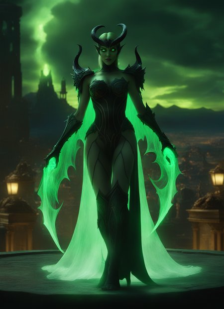 cinewow ,demon ,fel,beautiful woman,1girl,full body,masterpiece,awardwinning, epic,cinematic,<lora:cinewow-step00000300:0.7>,scenery in the background,green glowing eyes