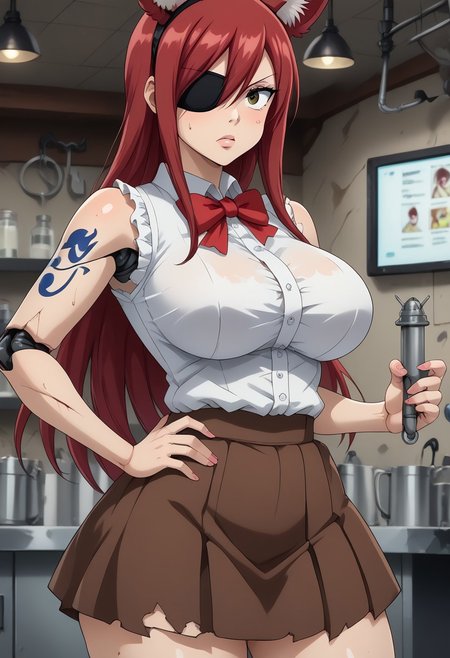 score_9, score_8_up, 1girl, solo, indoors, Laboratory background, Lab gear,    erza scarlet transforming into withered foxy,
 erza scarlet, long hair, red hair, hair between eyes, brown skirt, shirt, bow, boots, sleeveless, sleeveless shirt, tattoo, white shirt, frills,,plump, bbw, big ass,
Withered_FoxyFNAF, , animal ears, yellow eyes, torn clothes, no humans, robot, withered body, damaged, animatronic, joints, endoskeleton, left hook hand, eyepatch on left eye,