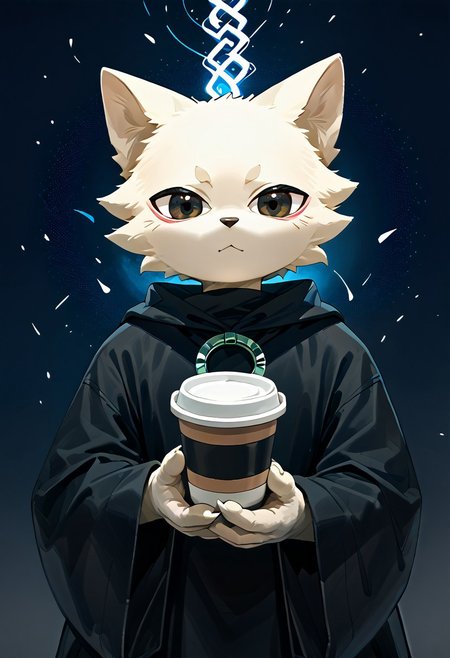 levelonerubili, yi, zPDXL3, 1boy, solo, domestic cat, felid, feline, felis, mammal, solarian, white fur, anthro, black clothing, clothing, detailed background, looking at viewer, male, score_9, score_8_up, score_7_up, cute, kemono, holding, coffee, modern city background