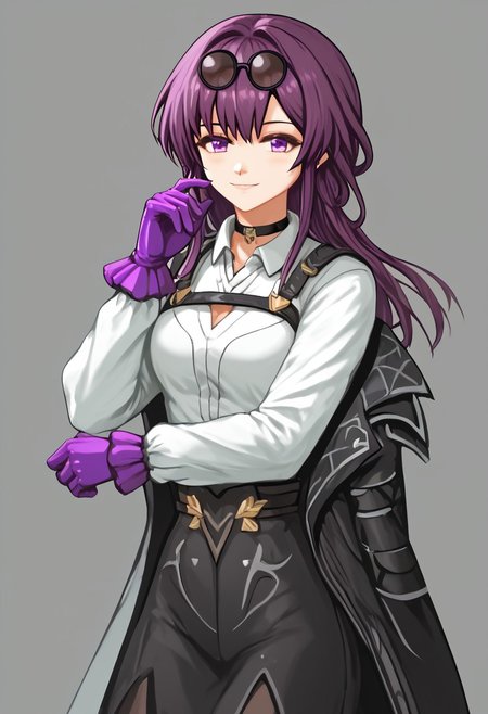 score_4,score_5,score_6,score_7_up,score_8_up,score_9
((masterpiece,best quality,ultra detailed,highres,HD,4k:1.2)),
1 cute girl,solo,
kafka hsr,long hair, purple hair,purple eyes,bangs,
eyewear on head,gloves,sunglasses, shirt, long sleeves, jacket, purple gloves, white shirt, black jacket, choker,
smile,