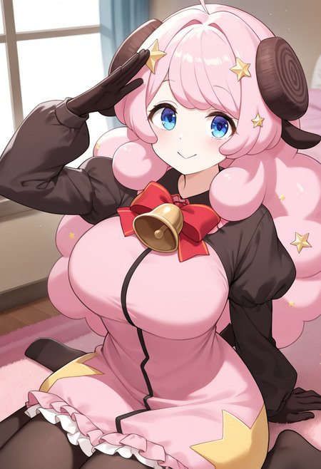 1girl,solo,moa_(show_by_rock!!),<lora:moail:0.9>,blue eyes,ahoge,long hair,pink hair,horns,sheep ears,sheep horns,star hair ornament,star (symbol),pink dress,long sleeves,puffy sleeves,black sleeves,bell,red bow,star (symbol) skirt,pantyhose,gloves,bedroom,carpet,smile,:>,salute,wariza,window,looking_at_viewer,cowboy_shot,masterpiece,best quality,good quality,newest,incredibly absurdres,