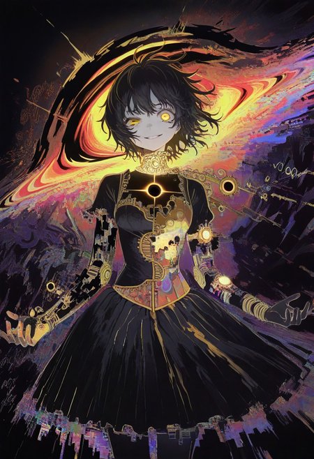masterpiece, best quality, good quality, very awa, newest, highres, absurdres, 
1girl, solo, short hair, yellow eyes, black hair, messy hair, 
gesugao, wide smile, uneven eyes, 
magical girl dress, yellow steampunk dress, metal collar, 
damaged, album cover, colorful, surreal, black hole, abstract, glitch, dark fantasy, limited palette, sketch, glowing, psychedelic,