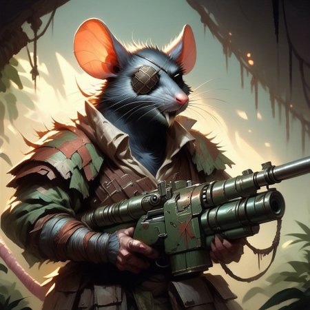 score_9, score_8_up, score_7_up, score_6_up,  Skaven, an armored gunnner holding a heavy machine gun with 6 barrels , 1 eye patch, cinematic lighting, in the jungle