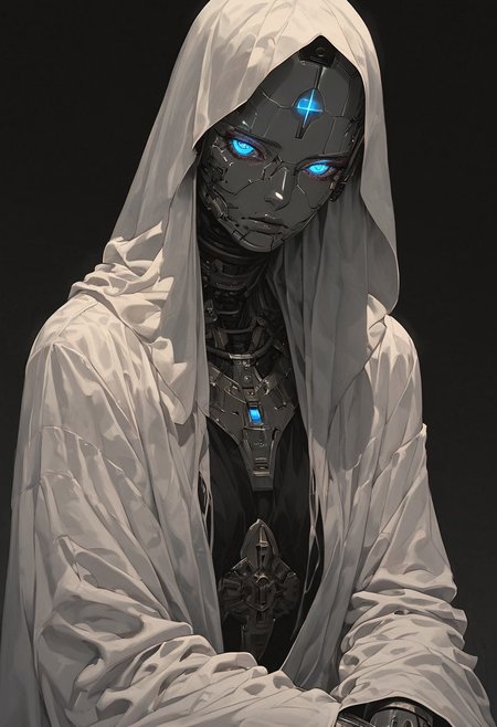 Expressiveh, (masterpiece, ultra detailed, best quality:1.2, highly detailed skin:1.2, highly detailed), score_9, score_8_up, score_7_up, score_6_up, 8k, best quality, beautiful girl, 1girl, perfect eyes, blue eyes, intricate patterns, solo, robot, eye contact, looking at viewer, dark room, detailed face, priestess robes, loose clothes, cowboy shot, 748cmstyle, robot face, robotic face, hairless, sad, alcohol, dark, night, alone, bottle of rum, messy clothes, sitting, bald