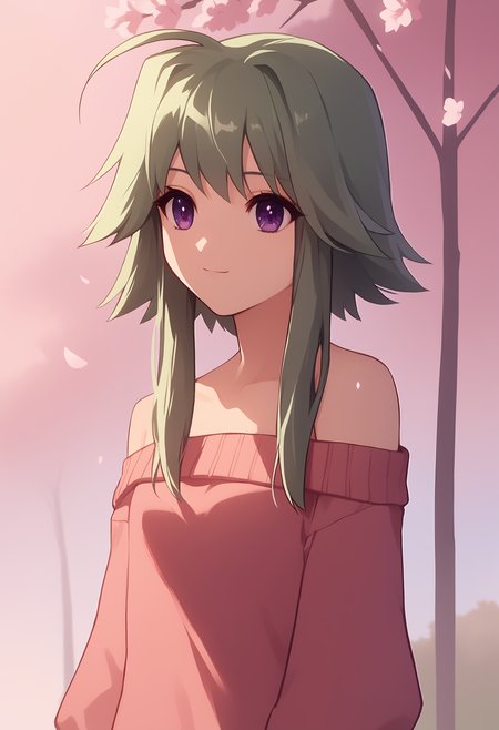 score_9, score_8_up, score_7_up,closed mouth, shiny skin, light smile,ohwx, solo, 1girl, purple_eyes, green_hair, short_hair_with_long_locks, sidelocks, ahoge,bare_shoulders, dress, sweater, off_shoulder, cherry blossom,<lora:mayumi_thyme_pony_sobsynapse-000005:1>