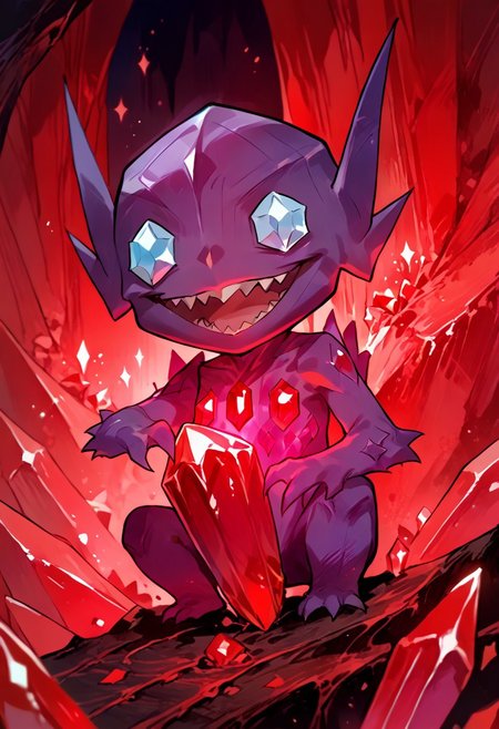 score_9, score_8_up, score_7_up, (source_anime, rating_safe), solo,  (slimes_sableye, red crystal on chest, noseless, chibi body), ( wide smile, open mouth), (cave, glowing crystals, crystals), (detailed image, high resolution, 5k resolution:1.0), (dark theme, dark , dim light)