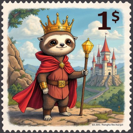 a_ck_postage_stamp_craft, a postage stamp featuring a cute sloth king hero with crown and magic robe, holding a magic staff,beautiful castle in the background,  price 1$