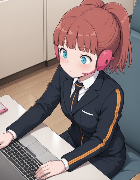 <lora:WorldTrigger_TaketomiSakurako_V1[IL]:1>, taketomi sakurako,  sitting, headset, laptop,, masterpiece,best quality, very aesthetic,absurdres,newest,