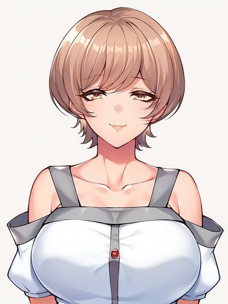 score_9, score_8_up, score_7_up,  
1girl, maibara satoko, light brown hair, short hair, large breasts,



white background, upper body, smile, closed mouth, naughty face, looking at viewer,
off-shoulder shirt, detached sleeves, short sleeves, 
