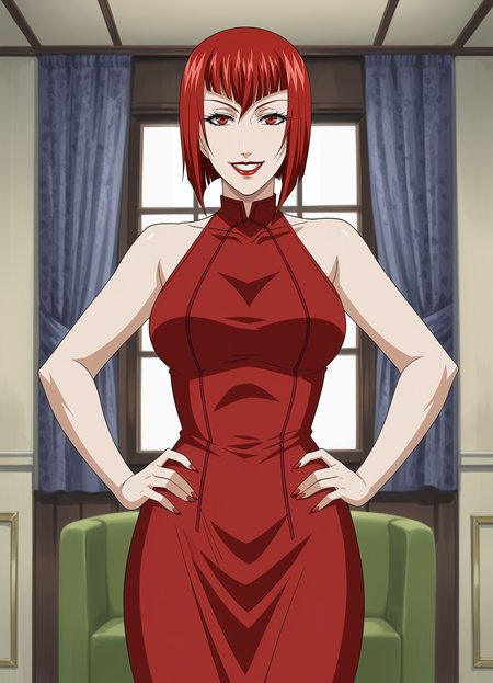 <lora:Madame_Red-Angelina_Durless-Kuroshitsuji:0.85>,mrad,mature female,1girl,solo,red hair,short hair,lipstick,makeup,red eyes,breasts,red dress,cowboy shot,hands on own hips,looking at viewer,indoors,smile