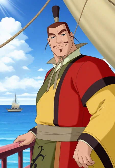 1boy, day, sunlight, leaning back, (upper body:1.5), light smile, looking at viewer, against railing, facing viewer, closed mouth, head tilt,
BREAK
retro artstyle, zhouwang, mature male, thick eyebrows, short hair, brown hair, black eyes, mustache, soul patch,hair ornament, chin strap, topknot,
BREAK
chinese clothes, layered clothes, yellow robe, red overcoat, front cloth, high collar, long sleeves, wide sleeves, brown belt, brown footwear,
BREAK
plump, thick arms, thick thighs, blue sky, horizon, ocean, outdoors, cloudy sky, island, on ship,
BREAK
best quality, masterpiece, very aesthetic, absurdres, highest detailed, very awa, <lora:King_Zhou_from_The_Legend_Of_Nezha_v1.0:1>
