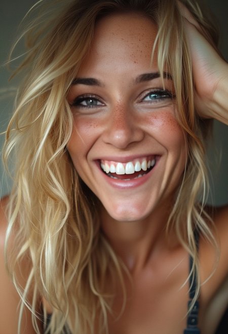 Blond woman with messy hair.
Picture with very low angle
Big eyes
Freckles
High detailed skin.
Hand in hair
No underwear
Close up on face
Laughing with teeth