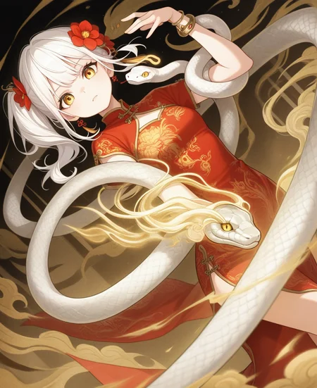eps, newest, dynamic pose, dutch angle, extreme aesthetic, 1 girl, solo, looking at viewer, bangs, side ponytail, white hair, golden eyes, hair ornament, dress, jewelry, flower, flower in hair, chinese clothes, red dress, red flower, snake, snake, girl entwined with snake, <lora:se_v1_epic_style:0.9>