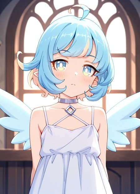 masterpiece, best quality, very aesthetic, absurdres, detailed, break, amy_(princess_connect), 1girl,short hair,blue hair,ahoge,multicolored hair,bangs,blue eyes,pointy ears,choker,wings,white dress