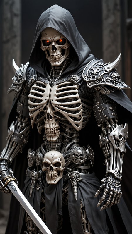 (masterpiece:1.2), best quality, high resolution, perfect lighting, extremely detailed, (Terminator assasin), battle scared white and black carbon armor, Wearing a dark cloak with hood, skull face just visable under hood, full_armor, humanoid, Metal Human skull head, (extreme detailed micro mechcanical scary Metal human skull design). Samurai sword shinning silver, Runes decorative embossments over his cloak, slim muscular body fast agile and stealthy,  <lora:Hired_Cyborg_Assasin_XL_-_By_DICE:0.4>