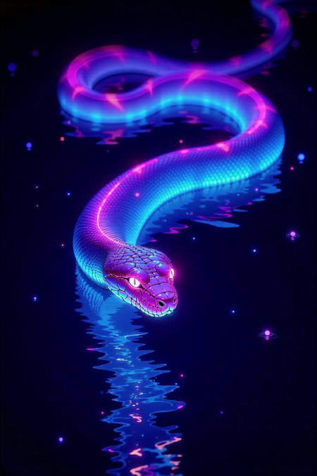 A mesmerizing digital illustration features a (from above close shot:1.3) of a majestic snake gliding calmly across the surface of still water at night, its sleek and elegant sinusoidal-like form glowing brightly with a flawless gradient of luminous colors. The snakeâs smooth, sinuous body glows with an ethereal radiance, creating a striking contrast against the very dark, almost black background that envelopes the scene. Starting from the snakeâs head, the gradient begins with an intense, vivid pink glow contours its triangular head, with softly glowing reflections shimmering across the waterâs surface. The snake's eyes are sharp and serene, catching the same pink light, giving them an otherworldly, hypnotic brilliance. As the gradient flows smoothly down the snakeâs body, the pink transitions into a rich cyan-blue hue glow of the midsection with electric energy. The cyan-blue light reflects in the water, creating rippling reflections that shimmer outward in concentric circles, as though the snakeâs glow is breathing life into the stillness. Further down, the gradient deepens into a cool, vivid indigo-blue at the snakeâs tail, where the light becomes softer yet intensely luminous, diffusing into fading out glowing trails beneath the water, as if the snake leaves behind a stream of liquid light. The water itself mirrors the glowing gradient perfectly, with smooth, glass-like reflections of pink, cyan-blue, and indigo-blue glowing on its surface. Subtle ripples form where the snakeâs body touches the water, distorting the glow slightly and creating a dreamlike interplay of light and motion. The edges of the ripples catch the neon glow, spreading faint, radiant hues outward in soft, glowing waves. The dark, undefined background serves as a stark canvas, enhancing the vivid luminescence of the snake and its reflections. Tiny, glowing particles float gently in the air and water, like suspended embers of light, adding depth and atmosphere to the composition. Rendered in a neon-surrealist and contemporary glowing art style, the illustration utilizes flawless gradients, intricate detailing, and volumetric light diffusion effects to create a captivating and magical visual. The calm yet radiant snake becomes a beacon of luminous beauty in the dark stillness of its nocturnal world, evoking a sense of serenity and mystery. (Deep depth of field:1.3). <lora:DGLO_style_v.6:0.8>