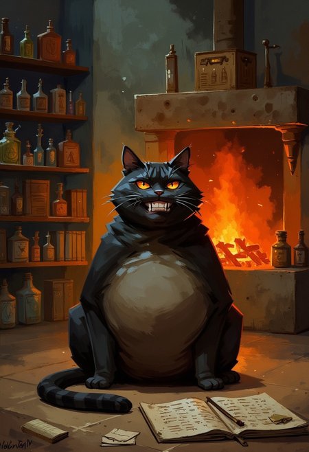 A very fat cat with burning eyes and a grin, sitting on the floor, a burning gothic fireplace in the background, shelves of potions and alchemical equipment, books, maps, documents, and digital art