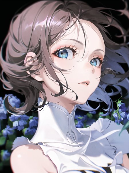 solo, 1girl, colorful eyes, portrait, flowing hair, short black hair, liped lips, looking at viewer, (black background), shadow, chromatic aberration, blue eyes, eyelashes, blur, upper body, wind,vvi \(artstyle \ ), vvi \(face\), group of delphiniums