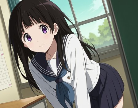 score_9, score_8_up, score_7_up, source_anime,
eruchitanda, <lora:eru-chitanda-s1-ponyxl-lora-nochekaiser:1>,
eru chitanda, long hair, black hair, bangs, blunt bangs, purple eyes, sidelocks,
skirt, school uniform, serafuku, kamiyama high school uniform \(hyouka\), black skirt, long sleeves, black sailor collar,
indoors, classroom, bent over, smile,
looking at viewer, cowboy shot, dutch angle,