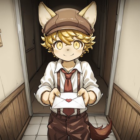 masterpiece, best quality, (absurdres), (highest quality), amazing quality, very aesthetic, no humans,
BREAK, <lora:Malt_Marzipan:1>, malt marzipan, fuga: melodies of steel, young male, 1boy, animal ears, yellow eyes, blonde hair, tail,
BREAK, brown pants, suspenders, shirt, necktie, hat, claws,
BREAK, inside, standing, smile, looking at viewer, holding love letter with both hands,