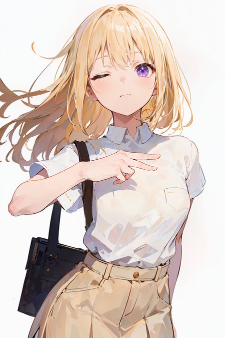 masterpiece,best quality,absurdres,1girl,solo,white background,looking_at_viewer,solo,white background,standing,full body,
one eye closed,pointing at viewer with finger,<lora:char-mygoä¸è§åè¯ Misumi Uika (Bang dream! Ave Mujica):0.6>,misumi uika,white shirt,brown short skirt,short sleeves,arm_behind_back,small breasts,Diagonally downward,