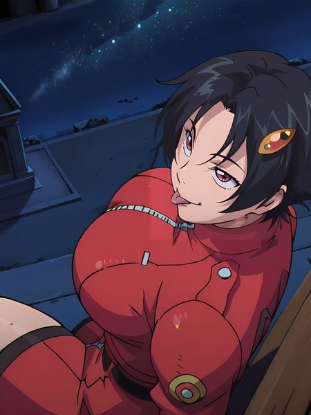 BloodyXL,, screencap, 
girl sitting on a bench, from above, black hair, hair ornament, tomboy, dynamic angle, cowboy shot, tongue out, cartoon, church, cowboy shot, red eyes, curvy, huge breasts, smile, stars, night, from side,
<lora:ABloodyXL_Style:1.1>