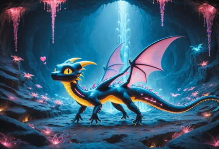 score_9,score_8_up,score_7_up, sorce_real, 8k, hd, a cute creature, mixed of a black dragon and a bat, cute and mischievous, black skin, purple details, neon colored glowing particles in the creatures black skin, black skin with neon pink bioluminescence, cinematic light, looking at viewer, dark, nigh, mysterious atmosphere, floating hearts, flies through a dark stalactite cave at night, bioluminescent icicles on the walls, everything is shrouded in darkness.  <lora:SDXLFaeTastic2400:1>, cave by Jed-Cosmos  <lora:Jed-Cosmos-sdxl:0.8>