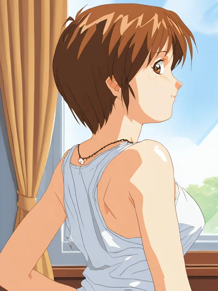 <lora:1990-mahjong-gals:1>1990s (style), super real mahjong, toyohara etsuko, 1girl, solo, brown hair, short hair, brown eyes, window, looking back, indoors, retro artstyle, 1990s (style), large breasts, profile, upper body, looking at viewer, curtains, breasts, tank top, jewelry, necklace, sleeveless, from behind, bare shouldersâââ