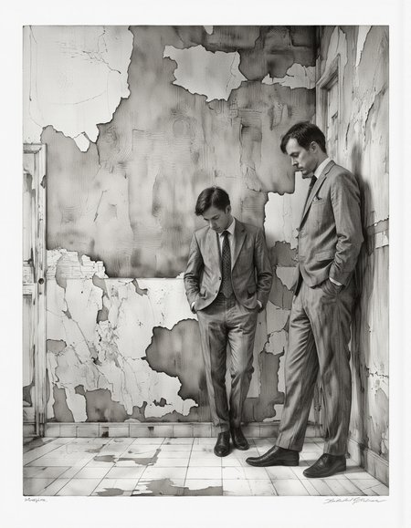 Inkquaria. A black and white digital illustration shoot from the side about a man in a formal suit standing against a wall with peeling paint, looking down with a contemplative expression. the image also shows a man standing in the middle of the frame, with his hands in his pockets, wearing a grey suit, a white shirt, a black tie, and black shoes. on the left of the image, a man appears to be in his mid-twenties, with short, dark hair, and a beard. he is standing with his feet shoulder-width apart, and his hands are tucked in between his pants. the background is a dilapidated, textured wall with cracks, and the floor is tiled. the overall mood is somber and contemplative.