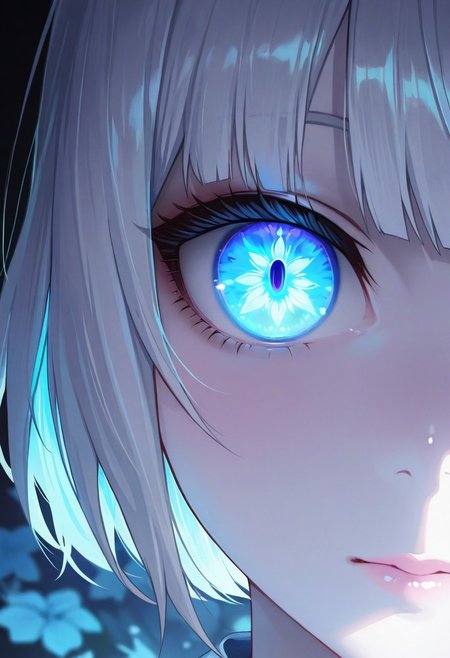 masterpiece, best quality, highly detailed, anime, 1girl, solo, close-up, serene anime girl with pale white skin,  colored skin, (white skin:1.3), long glossy white hair with bangs, glowing blue eyes with a hypnotic sparkle, soft cinematic warm lighting casting gentle shadows, wearing a light blue kimono with subtle floral patterns, mysterious and cozy atmosphere, detailed hair texture with sharp lines, vibrant colors, dark background, highres, focus on glowing eyes, intricate details, --ar 9:16, --v 5, --q 2, negative prompt: low quality, blurry, distorted, extra limbs