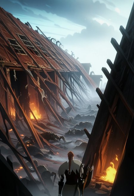 score_9, score_8_up, score_7_up,score_6_up, S1GR1DTotG, source_hentai, source_anime, A portrait of a Viking shieldmaiden standing amidst the ruins of a once-great village, now reduced to ashes and rubble. Her armor is scorched, and her braids are singed. The background is filled with the remnants of smoldering buildings, with the sky above heavy with dark, swirling clouds.Scorched wooden beams from collapsed structures protrude from the rubble, blackened and twisted by fire.Thin tendrils of smoke rise from smoldering piles of ash and debris, adding a sense of recent destruction.The skeletal remains of a Viking longhouse stand in the background, with its roof caved in and walls partially collapsed.Shredded Viking banners hang limply from broken poles, their once-proud symbols now faded and torn. Holding a tattered Viking banner in both hands, her expression filled with pride and sorrow as she gazes at