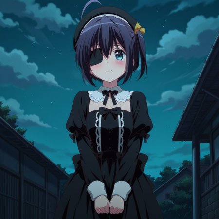 masterpiece, best quality, amazing quality, 1girl, solo,love_chunibyo_other_delusions_takanashi_rikka, standing, eyepatch, ahoge, blue eyes, bangs, smile, short hair, looking at viewer, puffy sleeves, black hair, black dress, closed mouth, hair between eyes, bow, puffy short sleeves, outdoors, long sleeves, cloud, blush, black bow, night, one side up, sky, hat, <lora:Takanashi_Rikka:0.7>