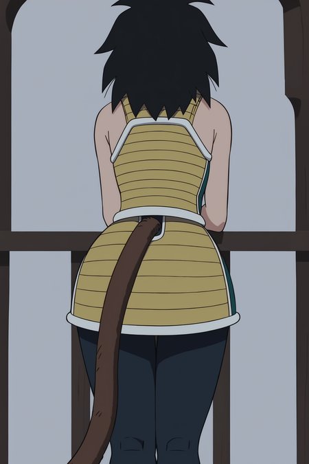 source_anime, score_9, score_8_up, score_7_up, anime screencap, absurd res,
gine, official style, 1girl, bent over, solo, bare shoulders, cave interior, black hair, pantyhose, monkey tail, ass, from behind, black legwear, thigh gap, green skirt, green saiyan armor, saiyan armor, medium hair, spiked hair, tail through skirt, white trim
 <lora:Gine_v1:0.8>