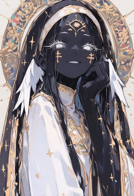 1 girl , solo , mature women , kind , warm , gentle , long hair , head wings , extra eyes on cheeks , white eye , white sclera , black skin , nun veil , black Wimple with gold embroidery , white dress with gold embroidery , open arm , gentle smile , white eyelashes , long eyelashes , looking at viewer , 
masterpiece, best quality ,amazing quality , highly detailed ,S4bit4mago_illu , xxx667_illu ,Protoneon  , ma1ma1helmes_b_illu,