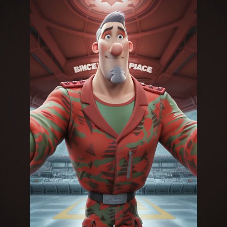 Cartoon source, High Quality, perfect anatomy, amazing art, LineArt, Master piece, Nice art, Steve Claus, 1boy, solo, Mature man, Mature man, gray hair, short hair, black eyes, big nose, eyebrows, goatee, Christmas tree goatee, facial hair, gray hair, Big pecs, Big chest, military uniform, dynamic pose, dynamic view, dynamic expressions, smile, happy, dynamic angle