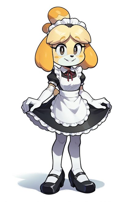 score_9, score_8_up, score_7_up, score_6_up, score_5_up, score_4_up, 1girl, full body, solo,
<lora:EvanStan-18:0.9> evnstnly, furry, isabelle \(animal crossing\), small breasts, white gloves, elbow gloves, maid-outfit, white-pantyhose, mary-janes, maid-headdress, maid-apron, standing, smiling, arms at sides, legs together