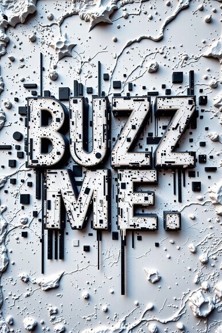 black and white, accurately spelled text "BUZZ ME", modern glitch art style, distorted visuals, bright white wall background, minimalist, high contrast, edgy ambiance, urban street art vibe, dynamic textures, ultra-detailed, immersive viewing experience, unexpected visual distortions, resonant themes of the digital age, creative expressions of disruption.,cyberpunk,High detail,GLITCHED GRAPHIC