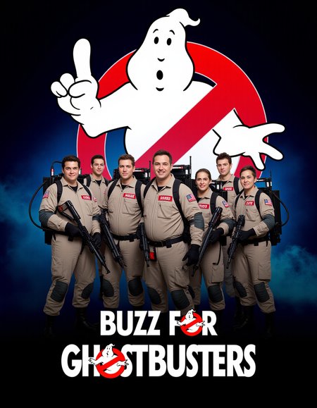 A movie poster with the text "Buzz for Busters" with a ghostbusters posingâââ