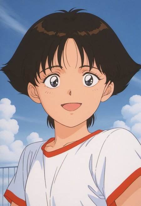 masterpiece, best quality, source_anime,official art,perfect_anatomy,1990s_\(style\),retro_artstyle,1girl,solo,Aiko,black hair,black eyes,short hair,white shirt,looking_at_viewer,smile,happy,open smile,portrait,day,blue_sky,cloud