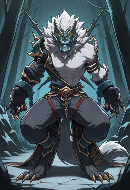 masterpiece,best quality,amazing quality, 1boy, solo, h00l4y, werewolf, grey fur, mask, hadanugi dousa, pants, single pauldron, arm rope, cuffs, belt, thigh straps, leg bracers, claws (weapon), back spikes, waist cape, tail, full body,